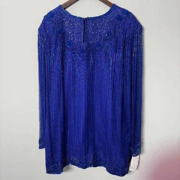Vintage 80s 100% Silk Beaded Sequin Top Women 26 Long Sleeve Party Cocktail VTG - Picture 6 of 15